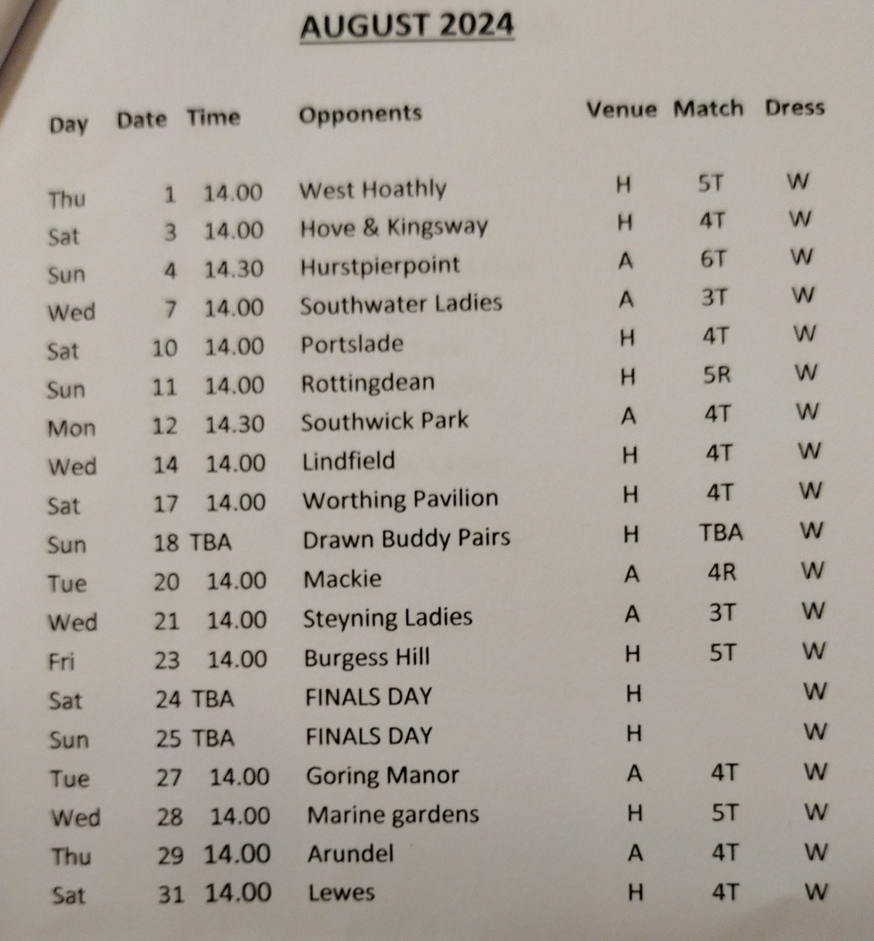 Henfield Bowling Club Fixtures August 2024