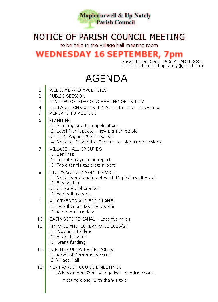 Mapledurwell & Up Nately Parish Council Minutes & Agendas