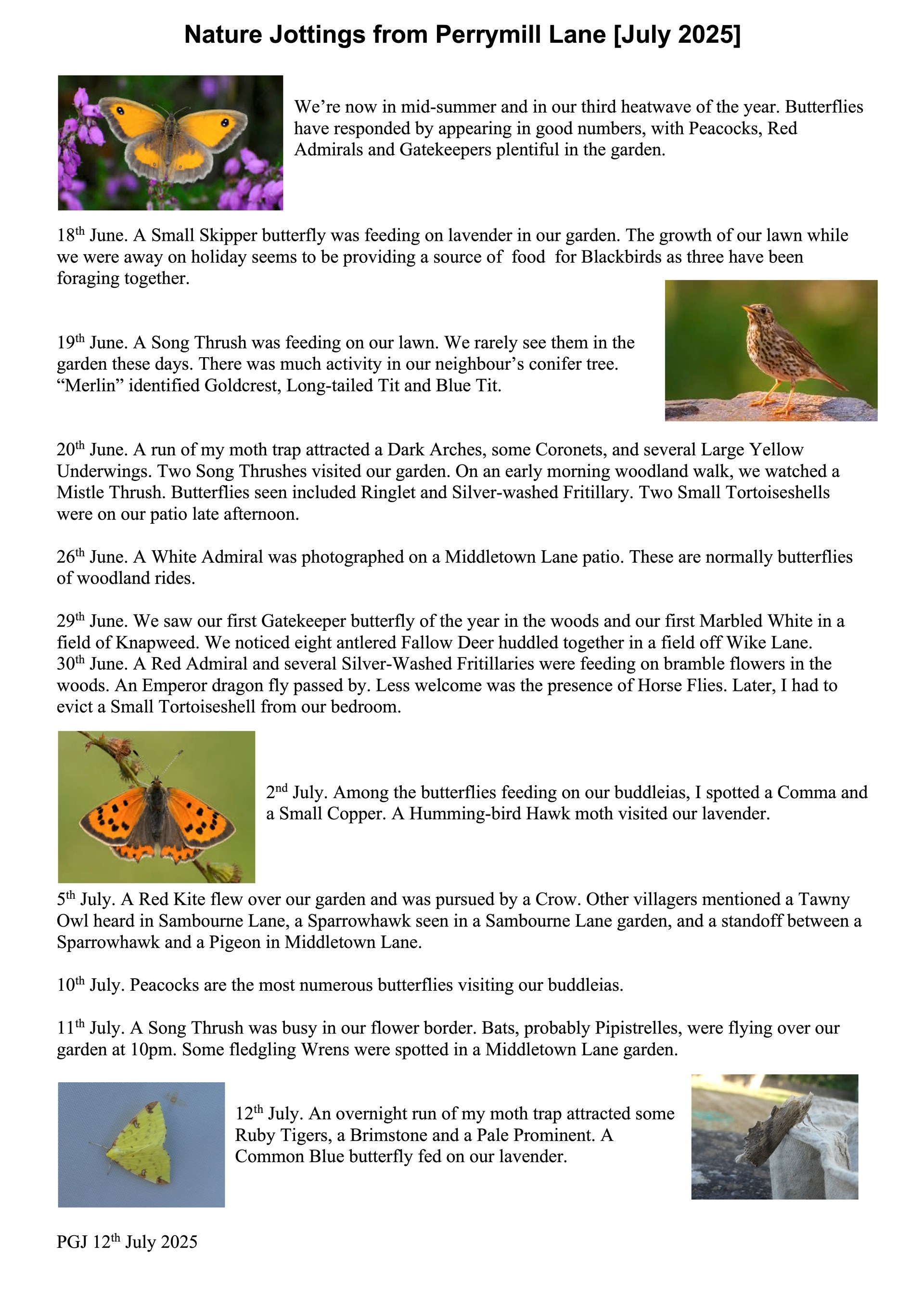 Sambourne Parish Council Wildlife sightings in Sambourne Parish