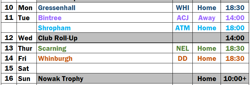 Fixtures for the Week starting 10th August