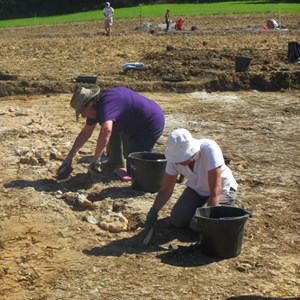 Nancy and Barbara uncover a flint wall in trench 2 after the trench has been cleared back.