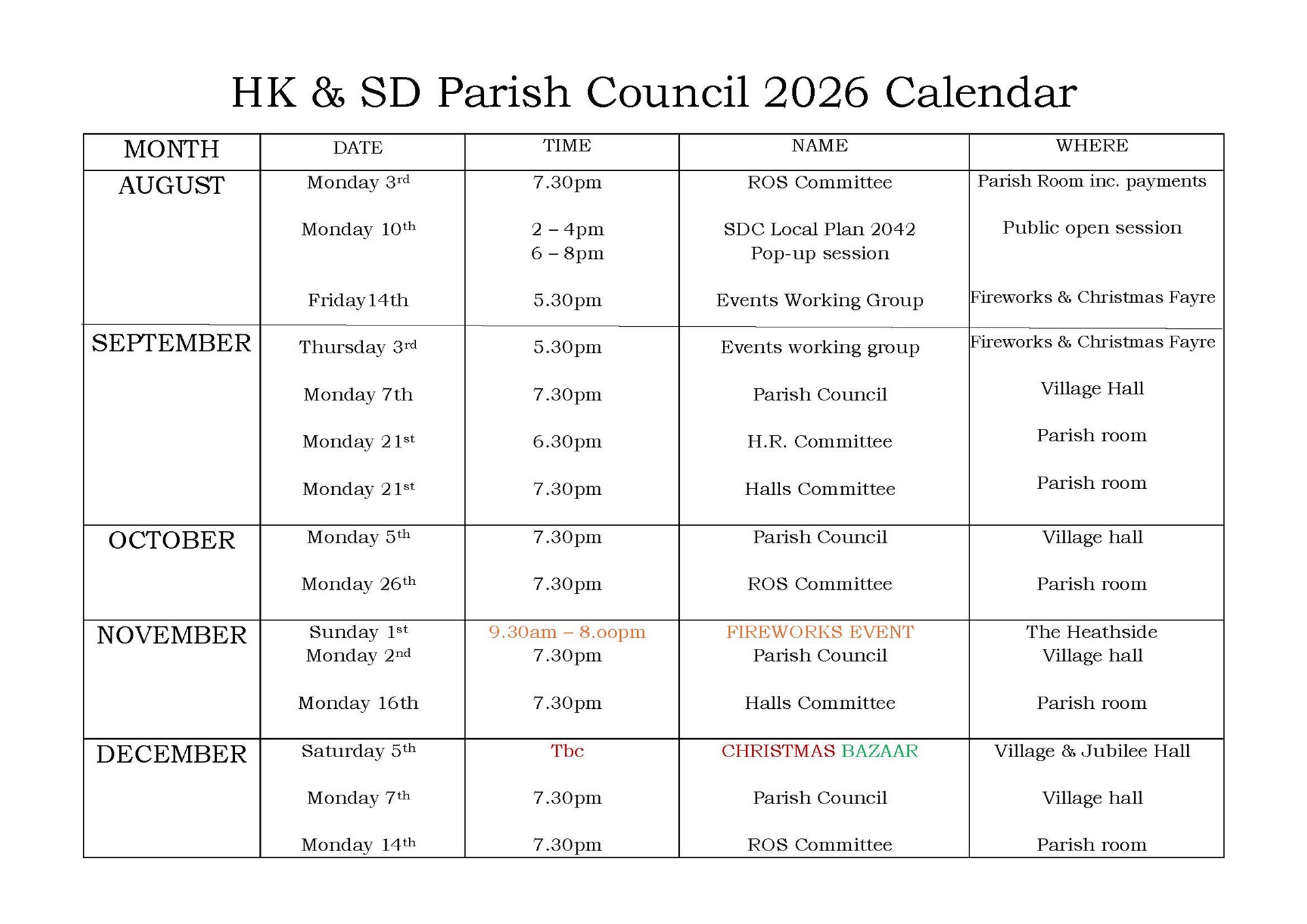 Horton Kirby & South Darenth Parish Council 2026 Calendar for Meetings and Events