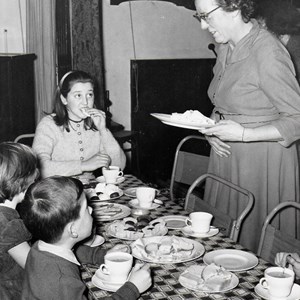Sunday School Tea in the Village hall. Served by Vi Gordon. Circa 1958