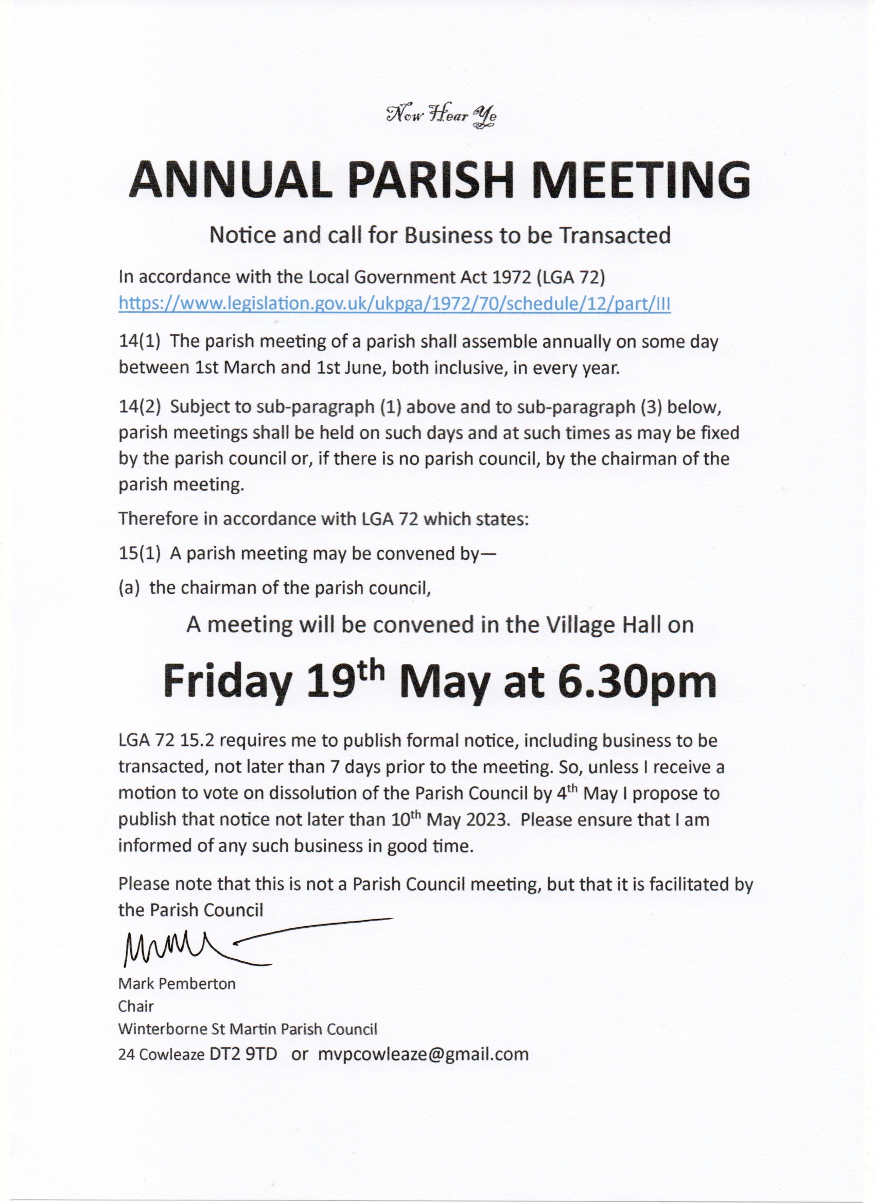 Winterborne St Martin Parish Council 19 May 23 Annual Parish Meeting Notice