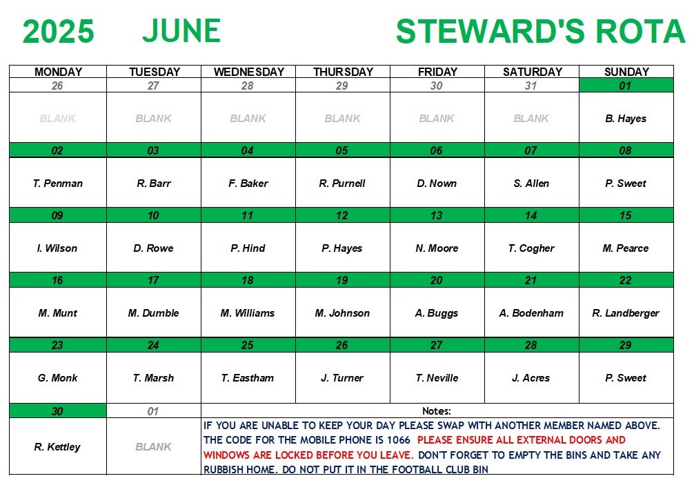 Marina Bowling Club Dawlish Monthly Rota 2025