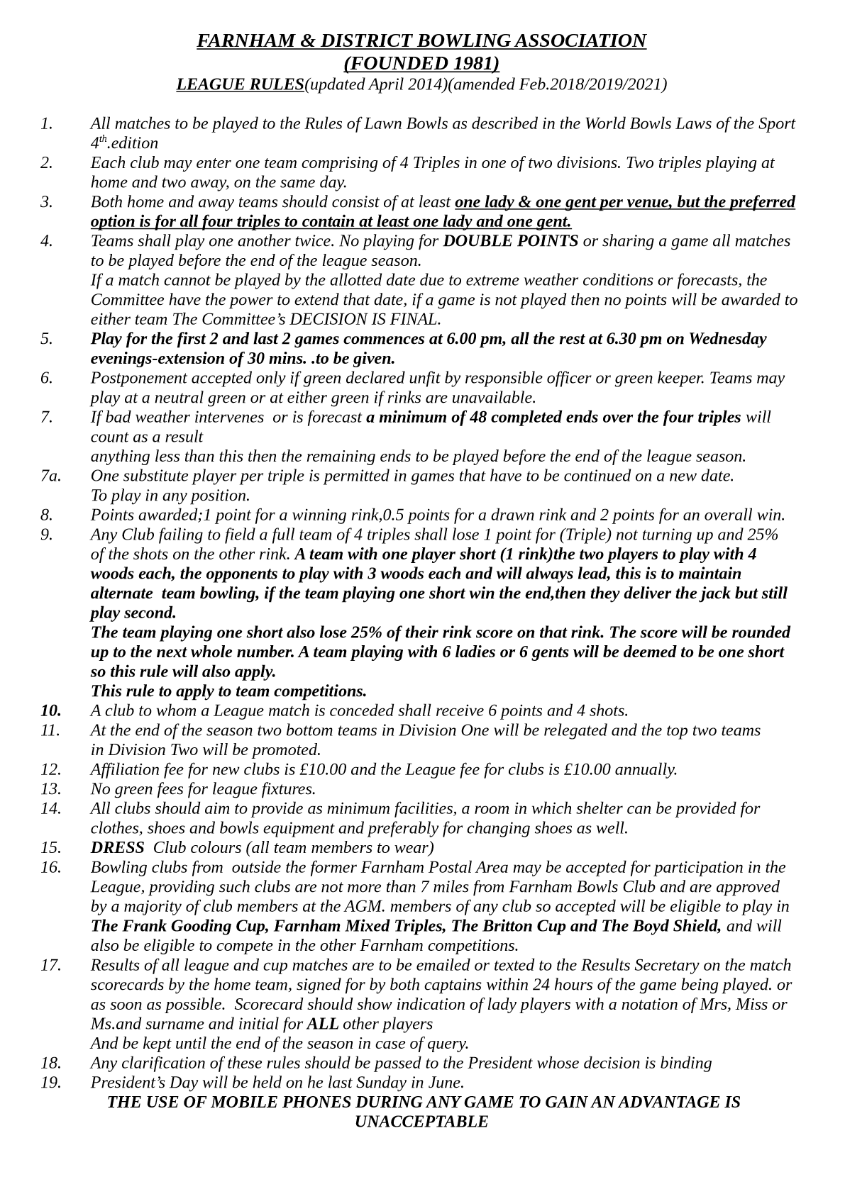  Farnham&District Bowling Association  League Rules