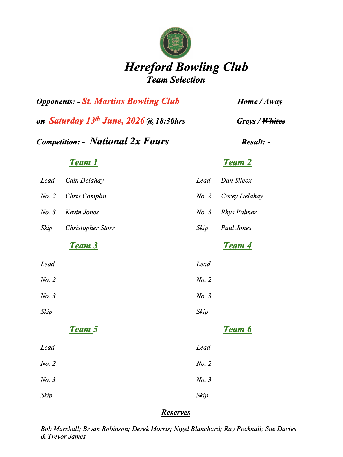 Hereford Bowling Club St. Martins-National 2x Fours - 13/06/26