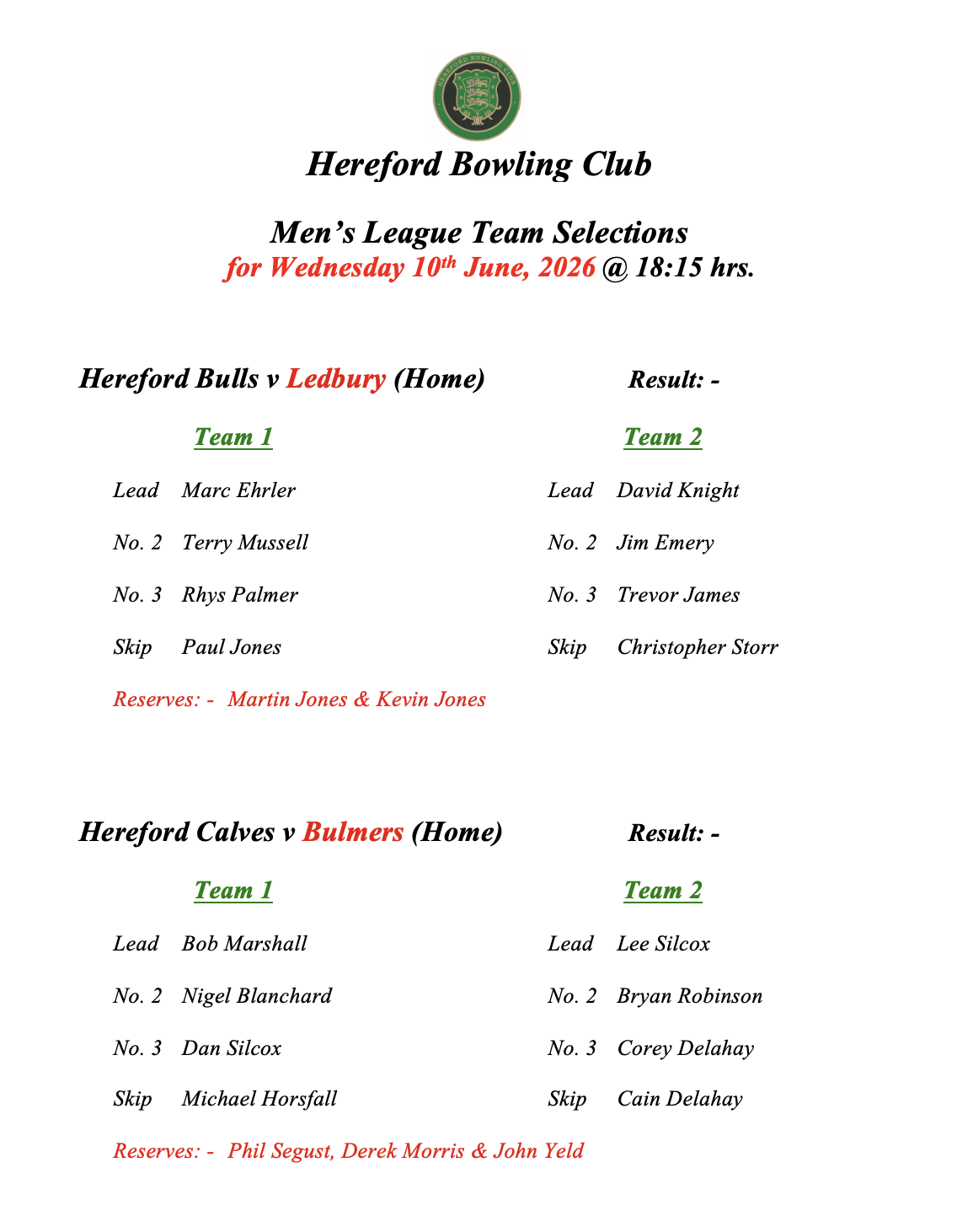 Hereford Bowling Club Men's League - 10/06/26