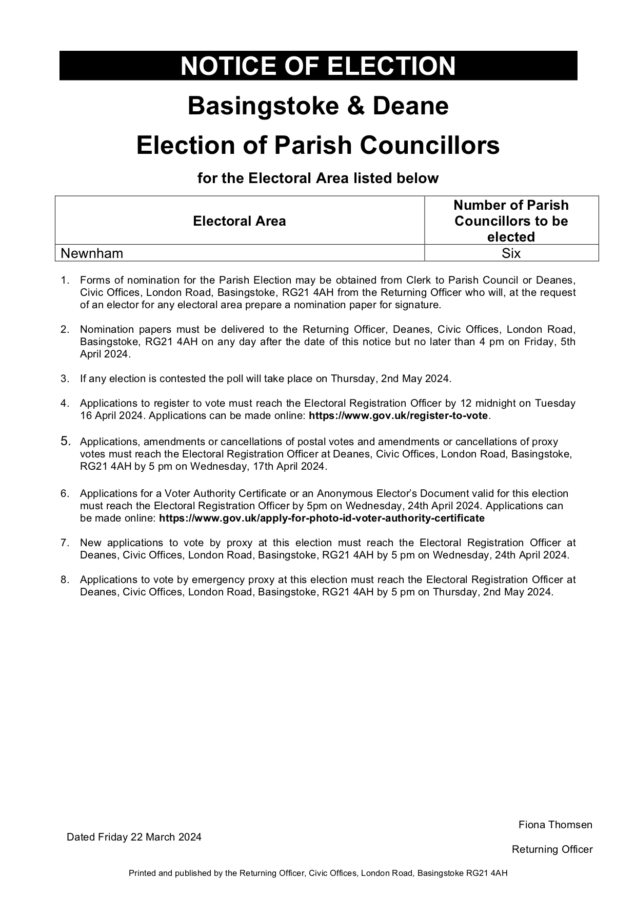 Newnham Parish Council Notice of Election 2024