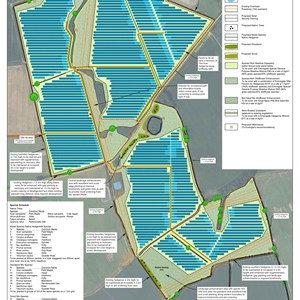 Design statement showing the many rows of solar panels, some planting details with surrounds and fencing