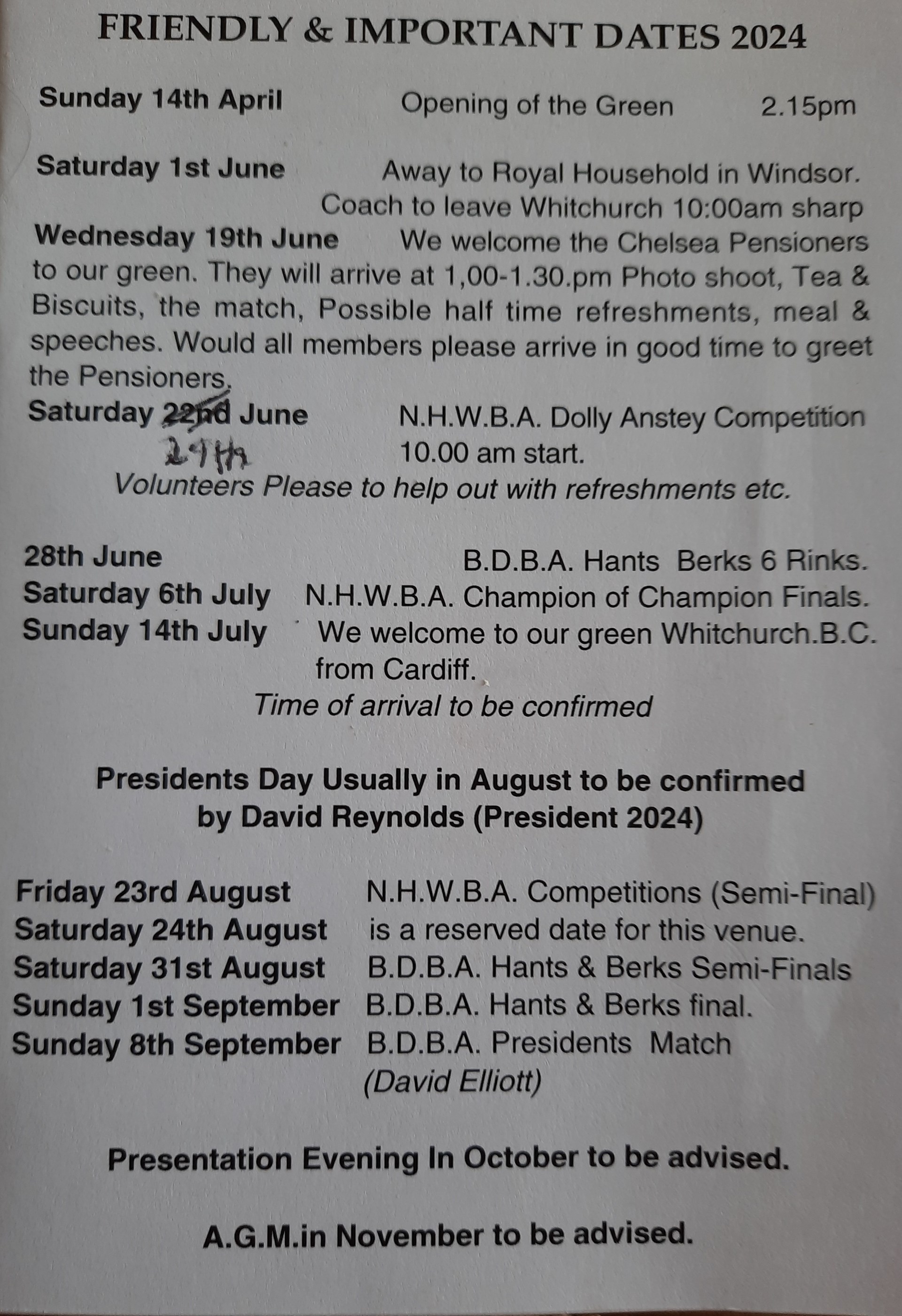 Whitchurch Bowling Club Hampshire Important Dates 2024