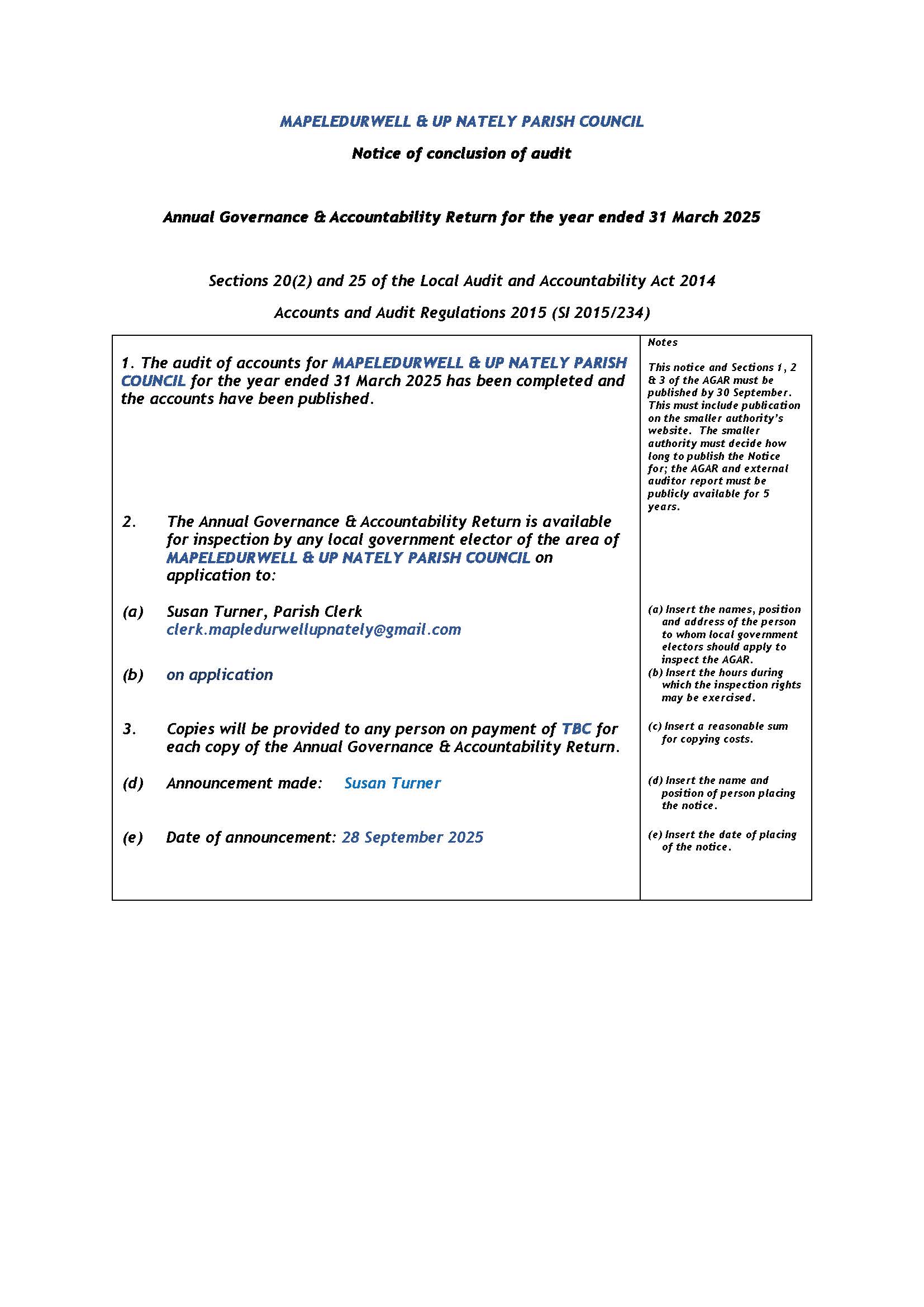 Mapledurwell & Up Nately Parish Council Finance