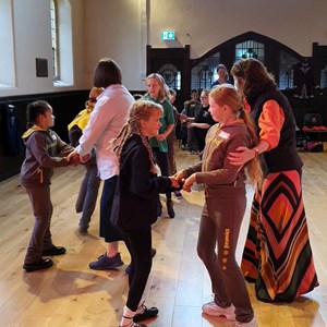 children practising irish dancing in the main hall