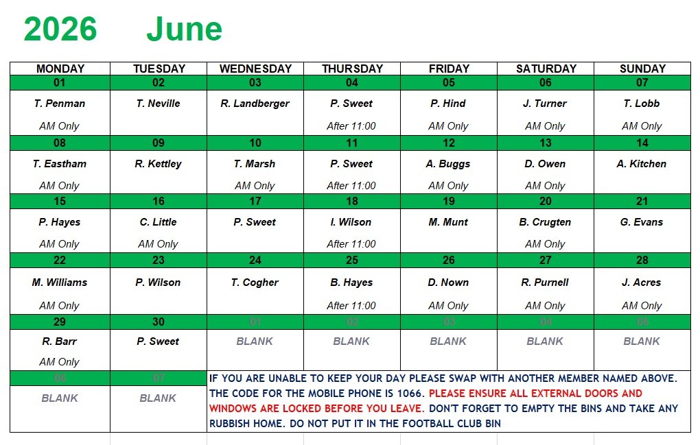 Marina Bowling Club Dawlish Monthly Rota 2025