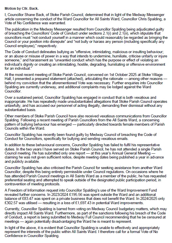 Stoke Parish Council (Kent) Vote of no confidence