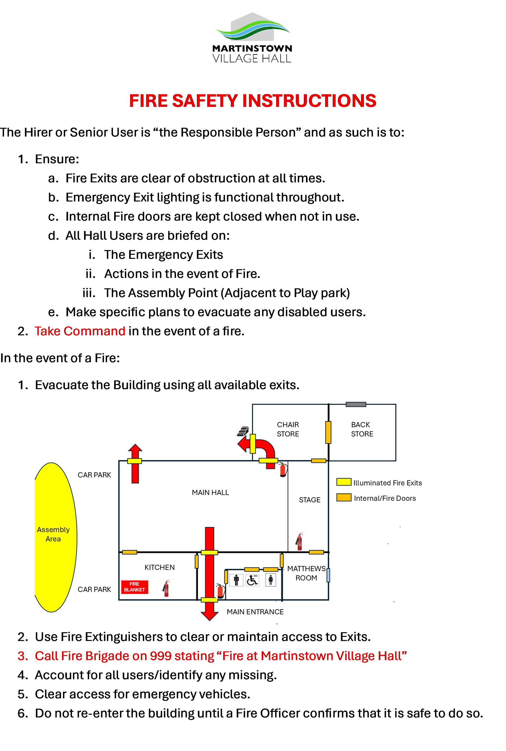 Martinstown Village Hall Fire Safety Instructions