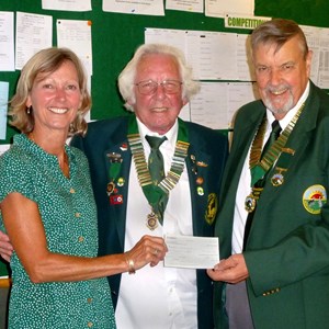East Herts Bowls League v Dennyside 25th July 2022 -  Representative from Mudlarks Charity Hertford, receiving a cheque for £2000 from Dave Lee of EHBL and Chris Smith of Dennyside.