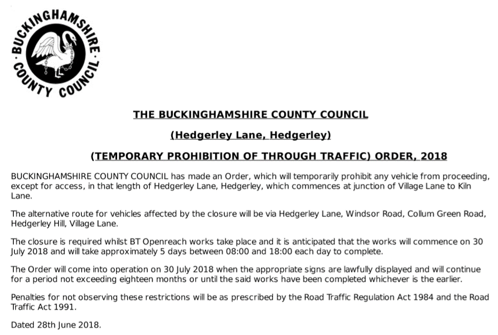 Road Closure in Hedgerley from 30th July 2018
