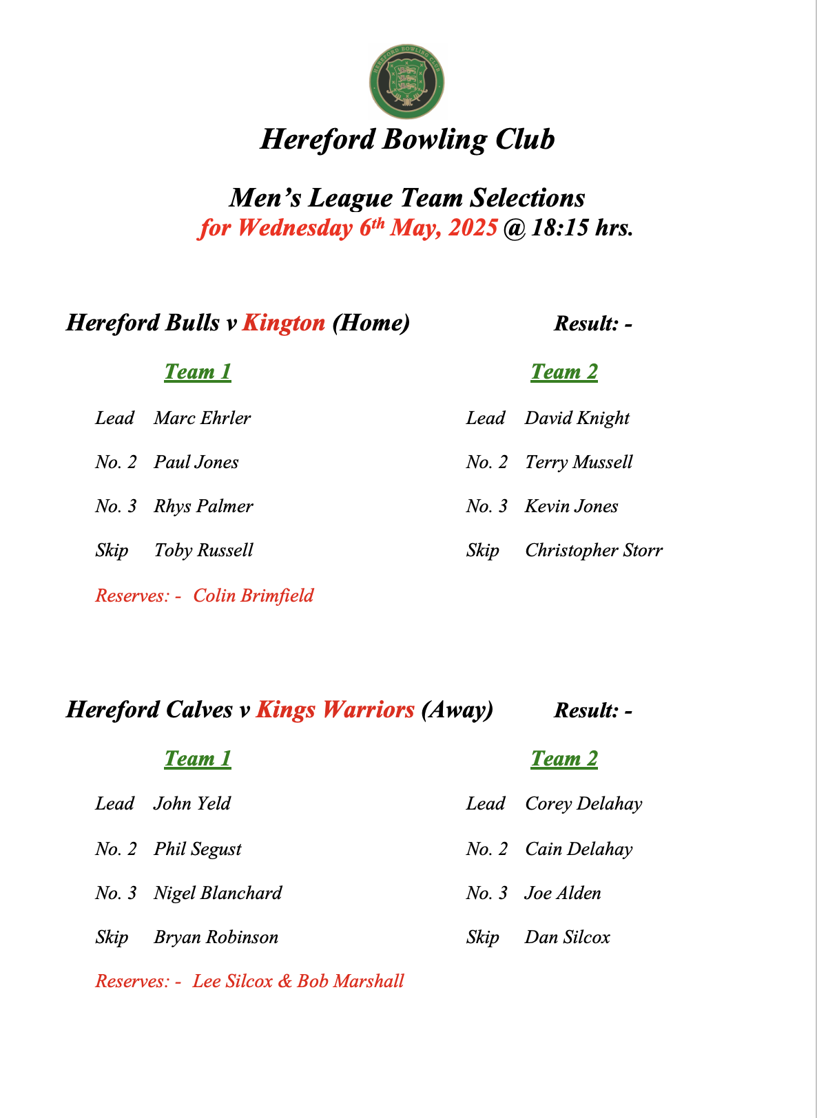 Hereford Bowling Club Men's League - 06/05/26