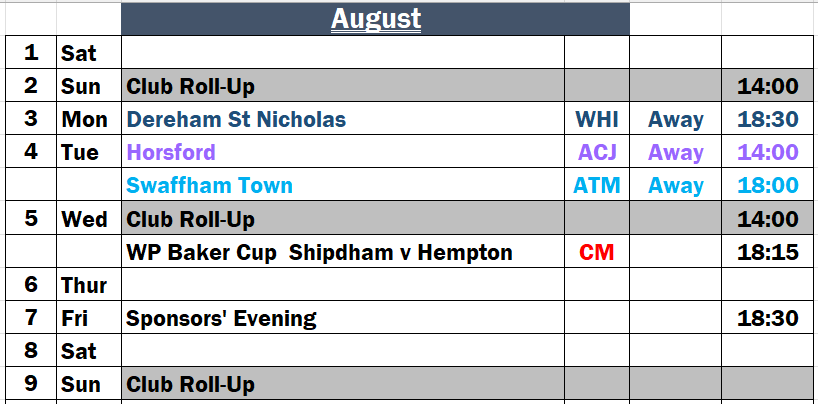 Fixtures for the Week starting 27 July