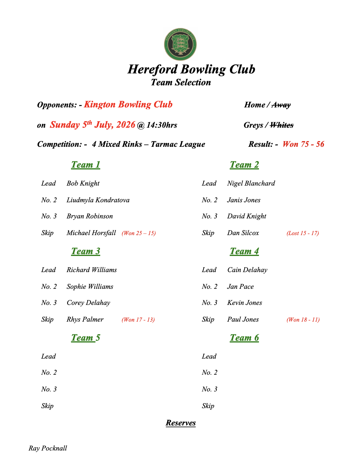 Hereford Bowling Club Kington - Tarmac League - 05/07/26