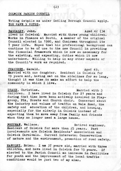 Colwick Parish Council Elections 1987