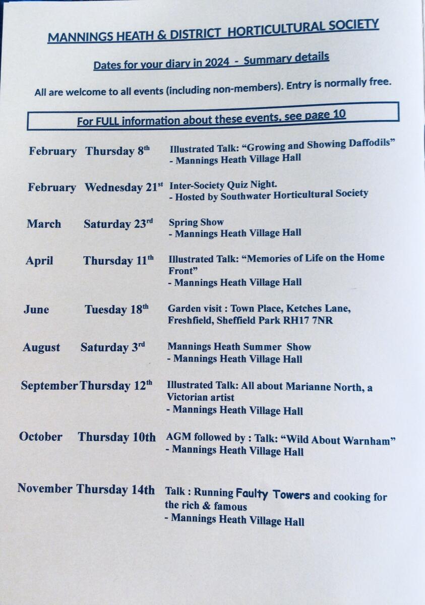 Mannings Heath & District Horticultural Society Dates for your Diary 2023
