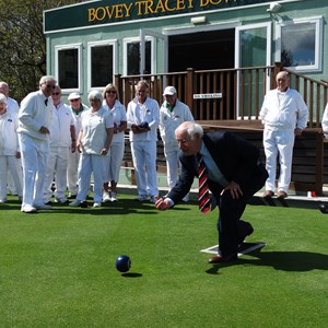 County Councillor bowling the first bowl to open the green 2016