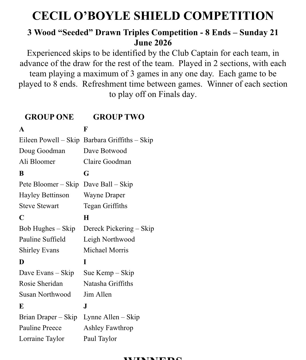 Brimfield and Little Hereford Bowling Club Draw for competitions
