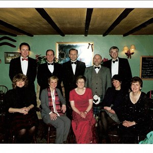1995 b(maybe) Burns Night.  Phil Mason, John Walker, Steve Winfield, Bob Henderson, Kevin Nash, Jan Winfield, Liz Henderson, Gill WEalker, Catriona Mason, Mary Nash