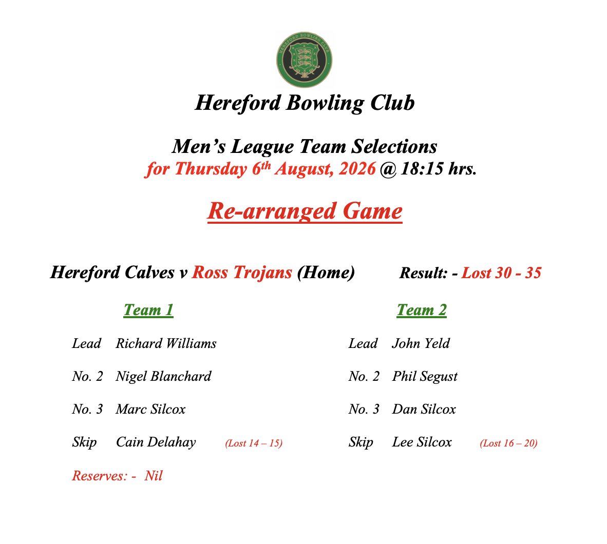 Hereford Bowling Club Re-arranged Men's League - 06/08/26