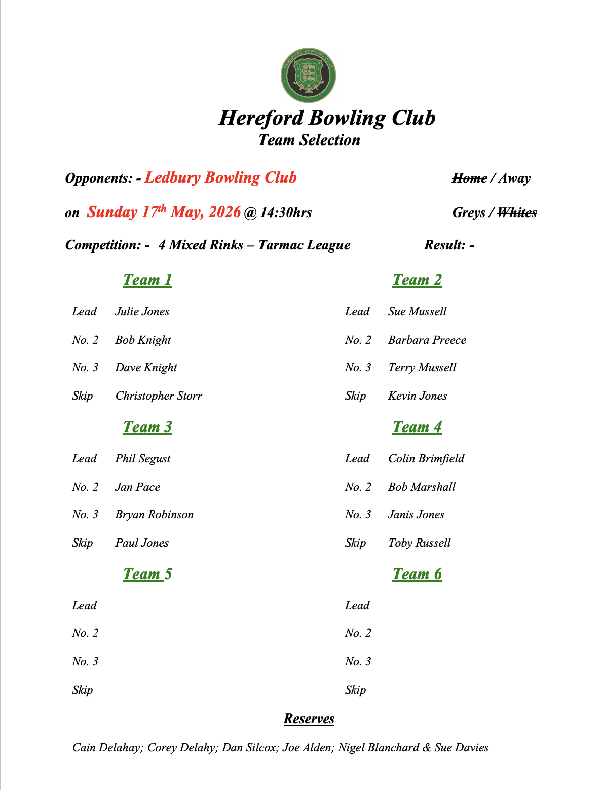 Hereford Bowling Club Ledbury - Tarmac League - 17/05/26