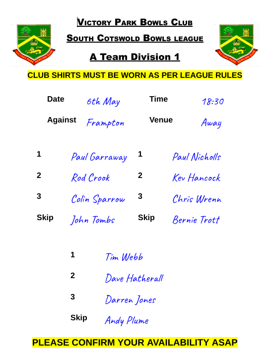 Victory Park Bowls Club South Cotswold Bowls league A Team Division 1