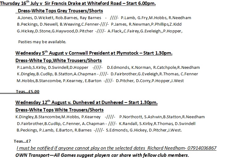 Plymouth & District Mens Bowling League Games 5,6,7 Selections