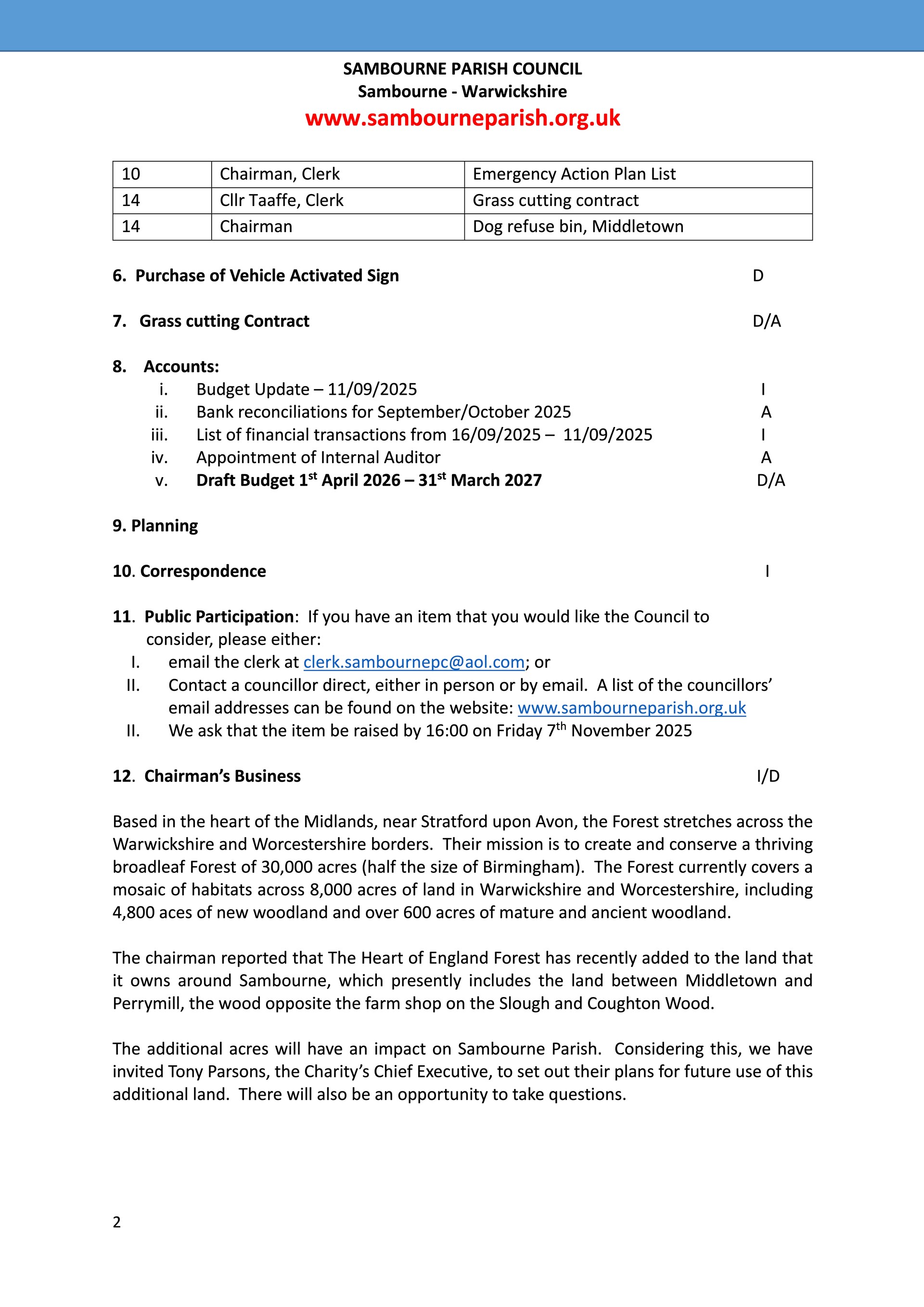 Sambourne Parish Council Agendas