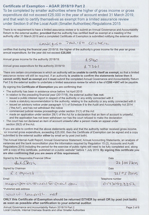 Langrish Parish Council Accounts 2018-2019