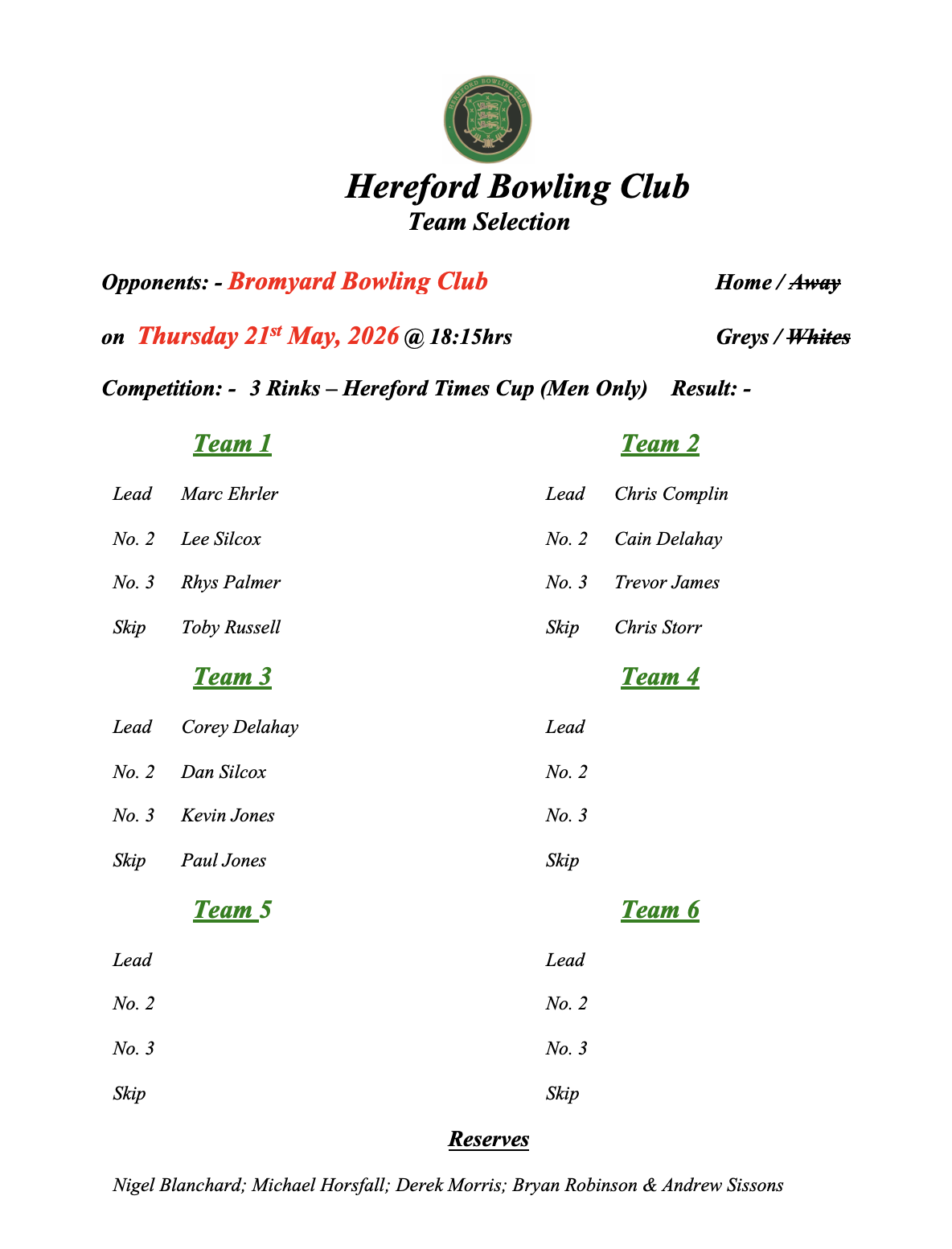 Hereford Bowling Club Bromyard - HTC - 21/05/26