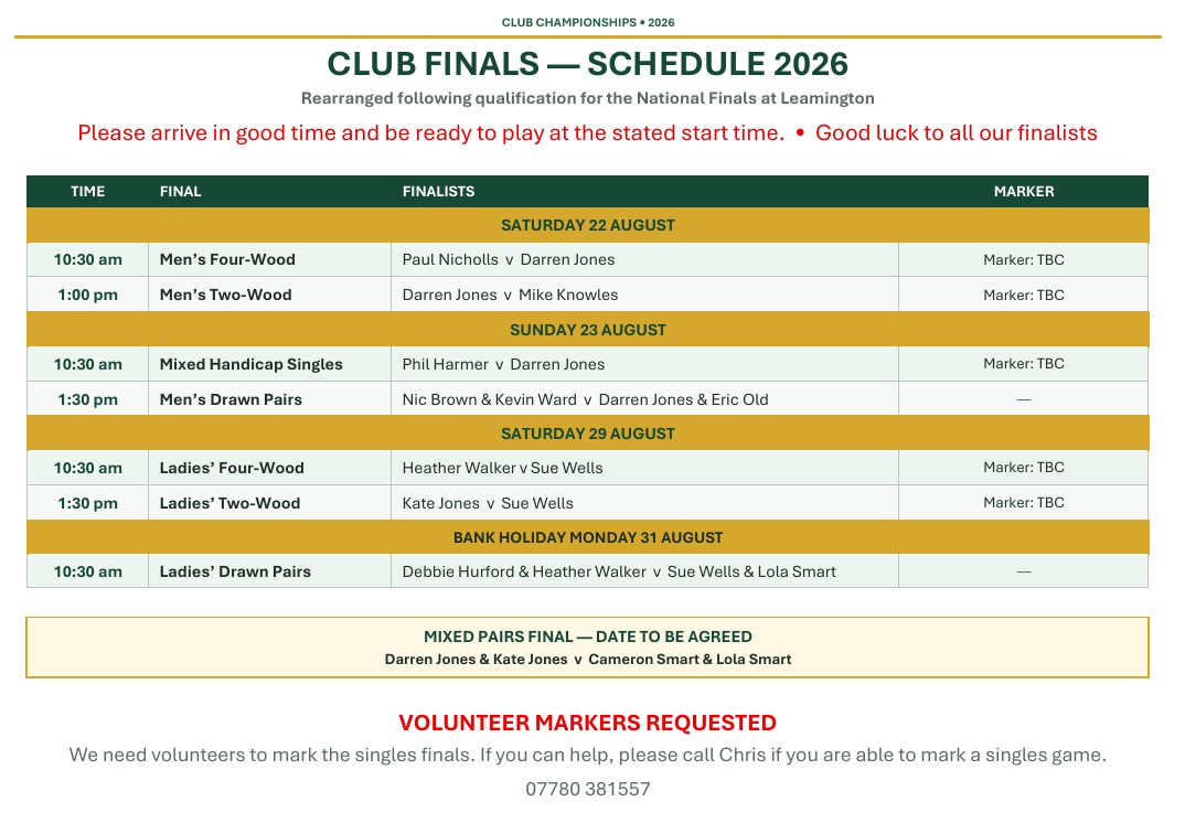 Victory Park Bowls Club FINALS - SCHEDULE 2026