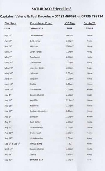 Hart of Fleckney Bowls Club Friendlies (Saturdays)