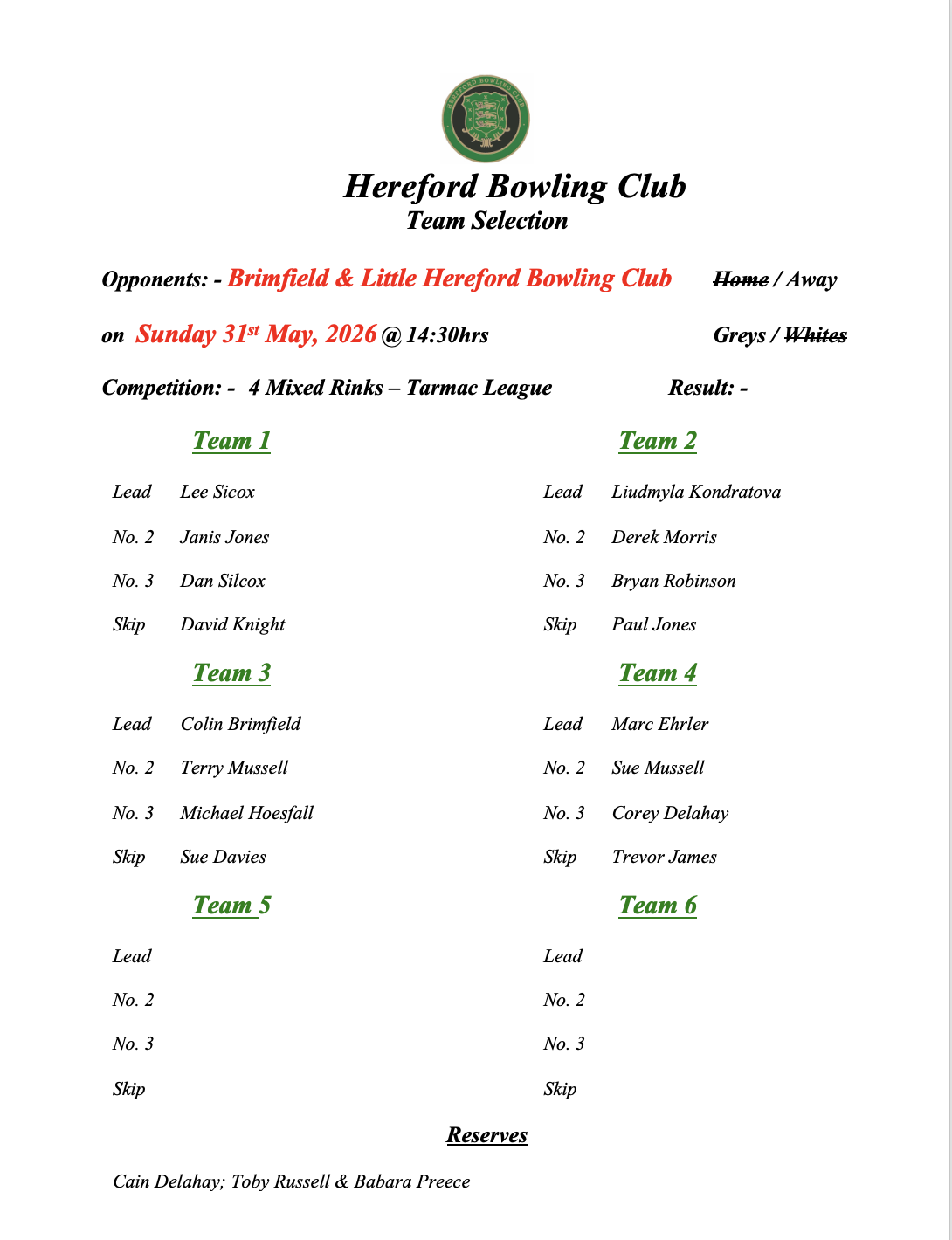Hereford Bowling Club Brimfield - Tarmac League - 31/05/26