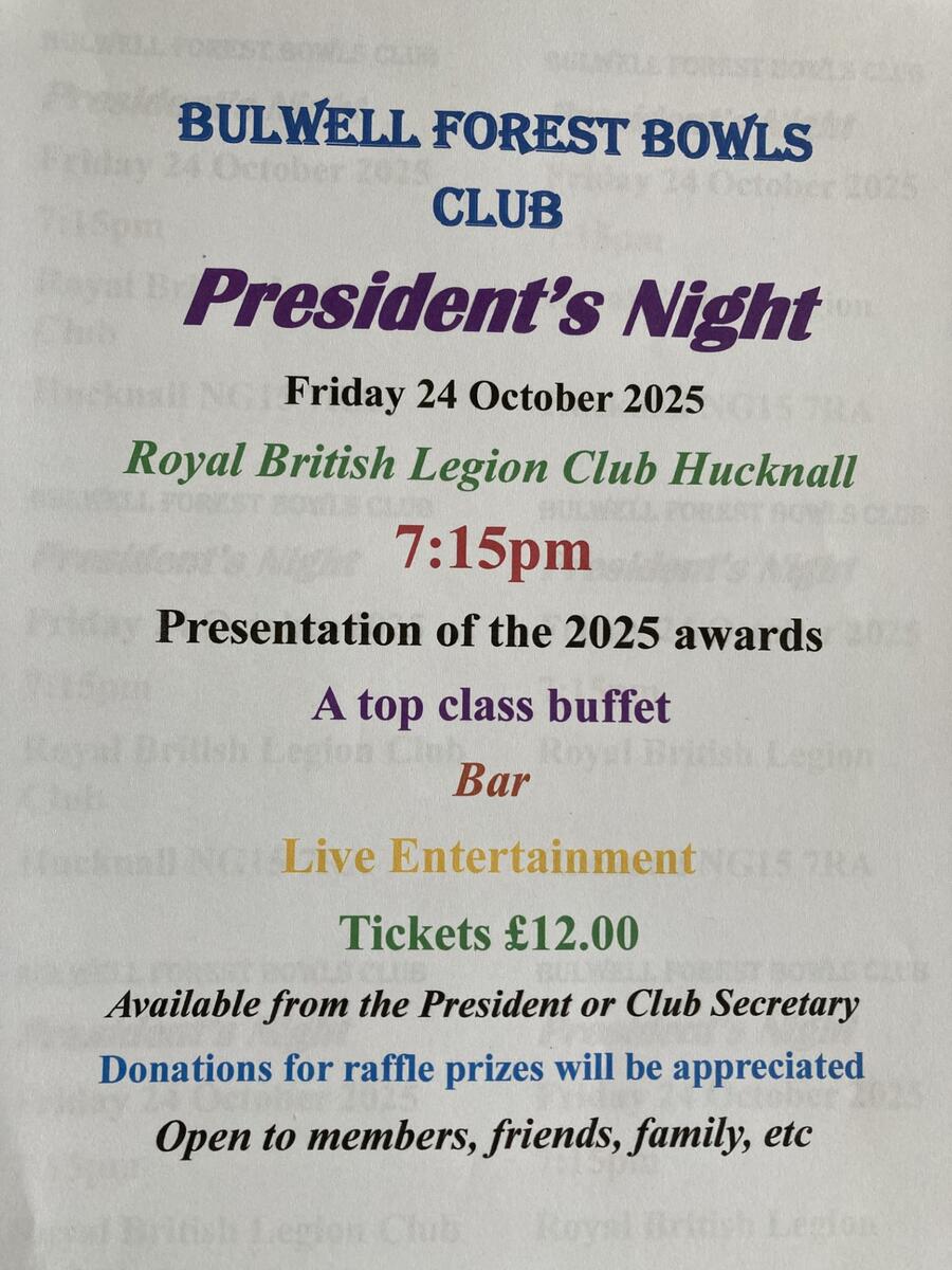 Bulwell Forest Bowls Club Presidents Night 2025