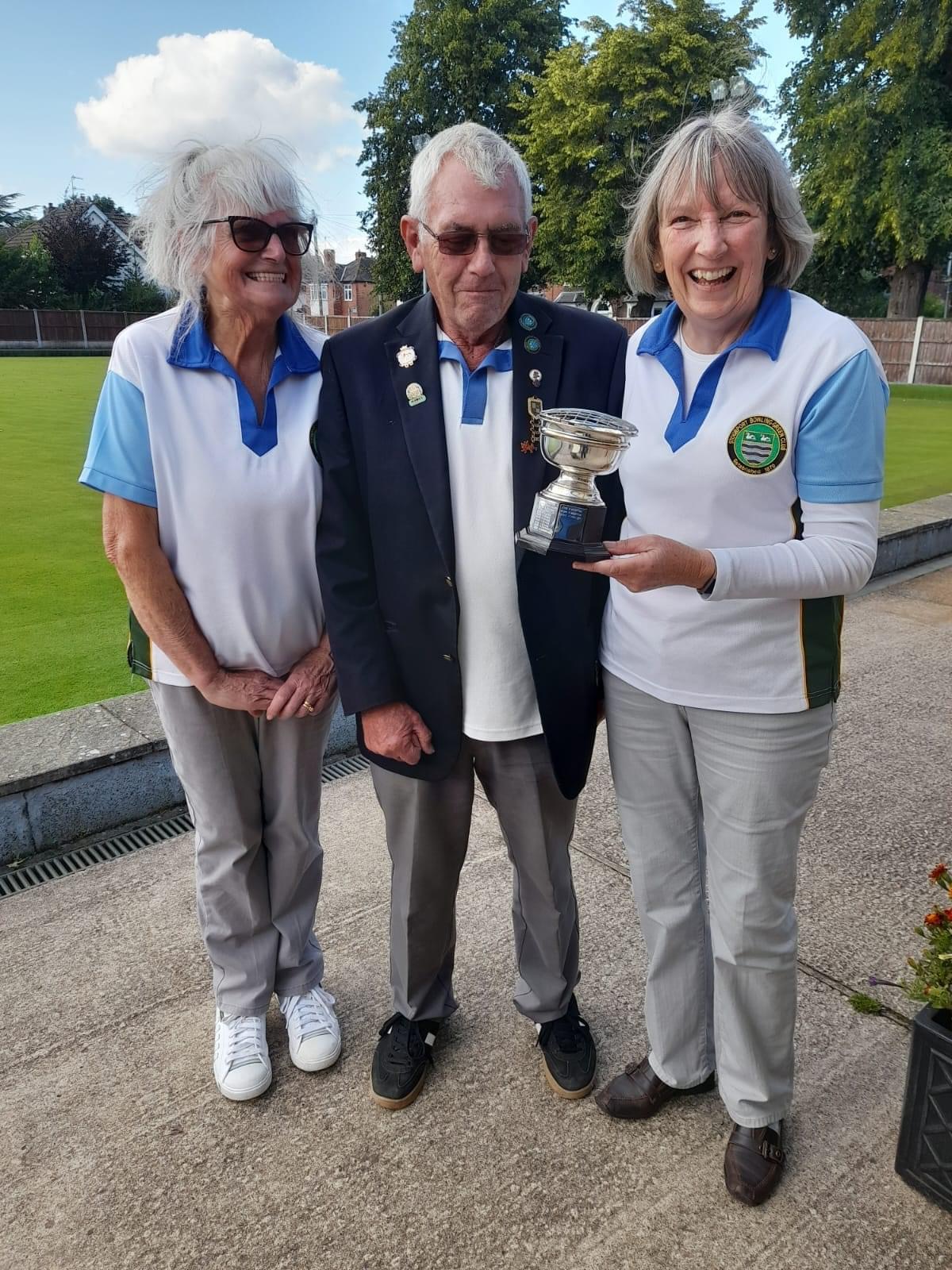 Ladies Champion Irene Mountford. Looking very pleased. Trophy presented by Alan Guest, Runner up Lin Smith .