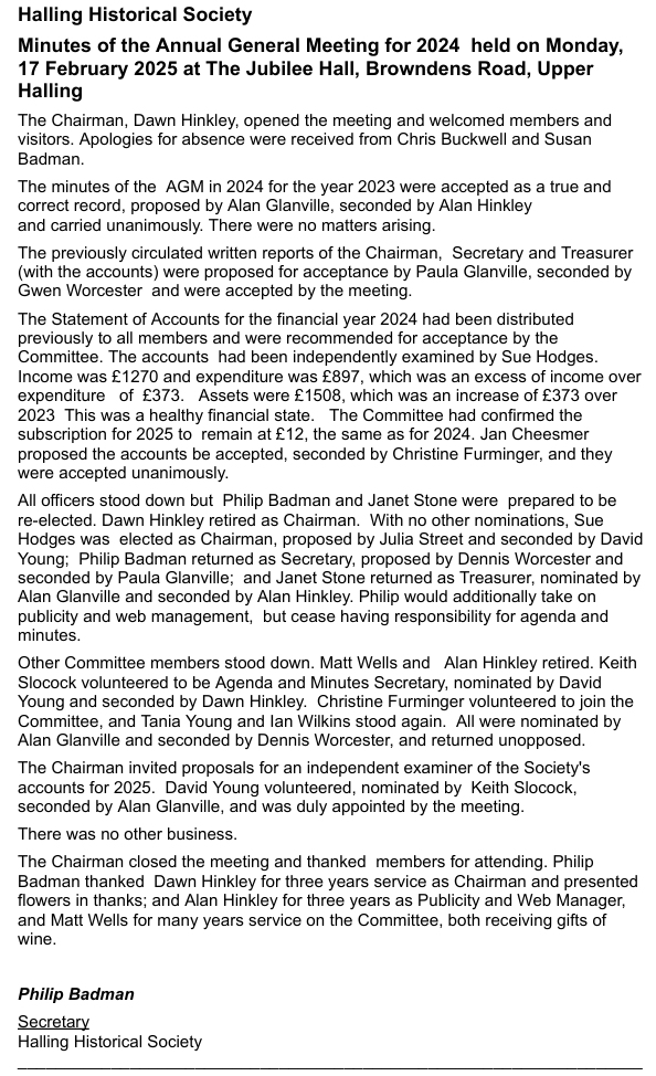 Halling Historical Society Previous year's AGM minutes