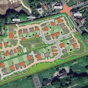 Overall site layout - note the pumping station and attenuation tank (under central grasses open area) and the raised crossroads