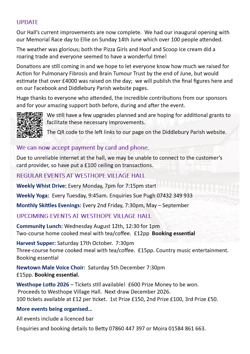 Diddlebury Parish Council WestHope Village Hall