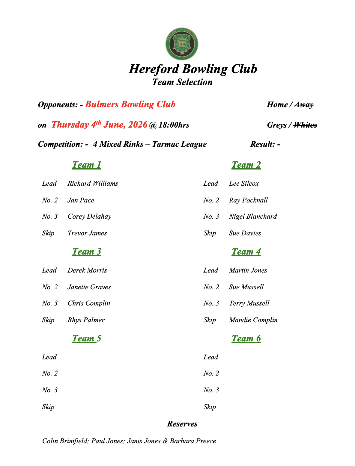 Hereford Bowling Club Bulmers - Tarmac League - 24/05/26