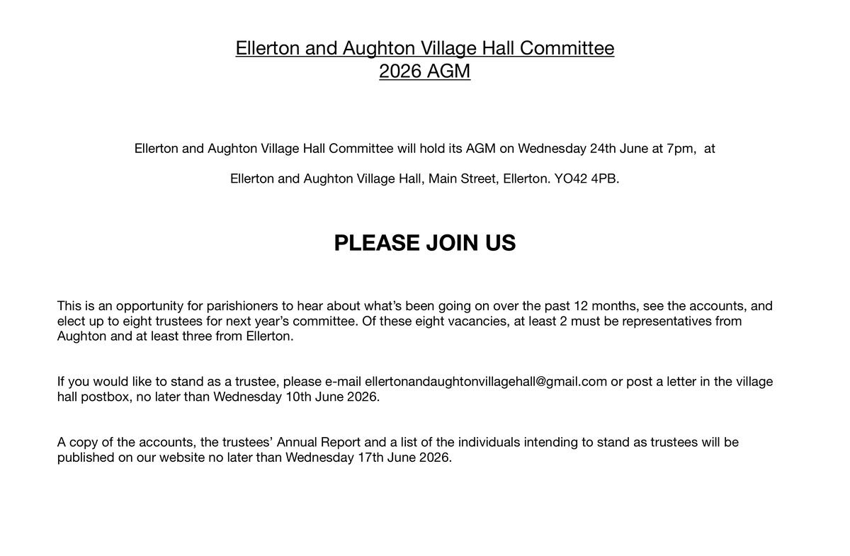 Ellerton & Aughton Community Village Hall 2026 AGM Notice