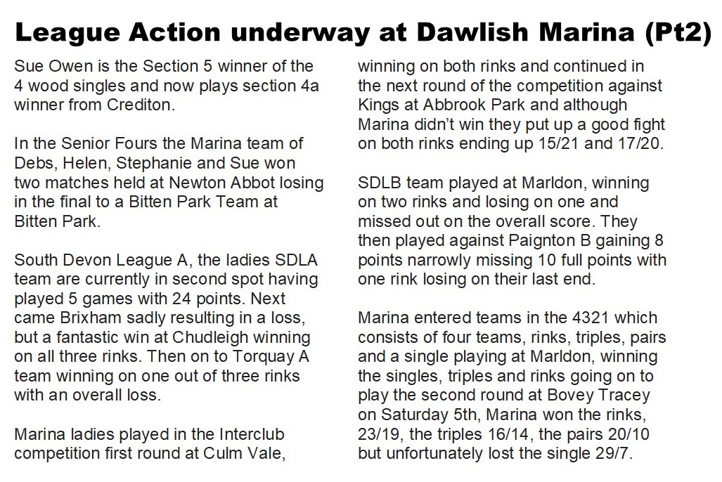 Marina Bowling Club Dawlish 2025 Press Items (July...)