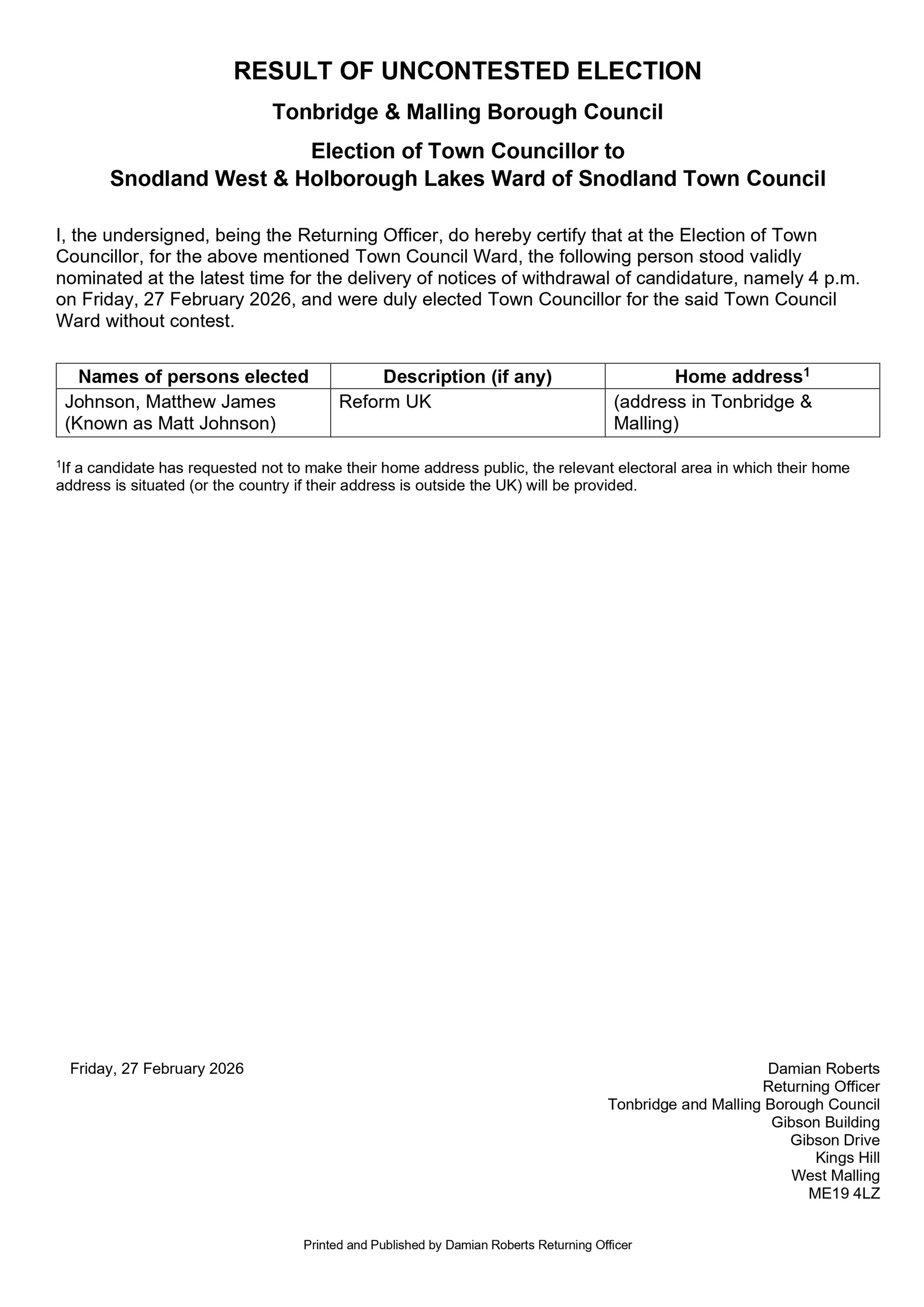 Result of Uncontested Election