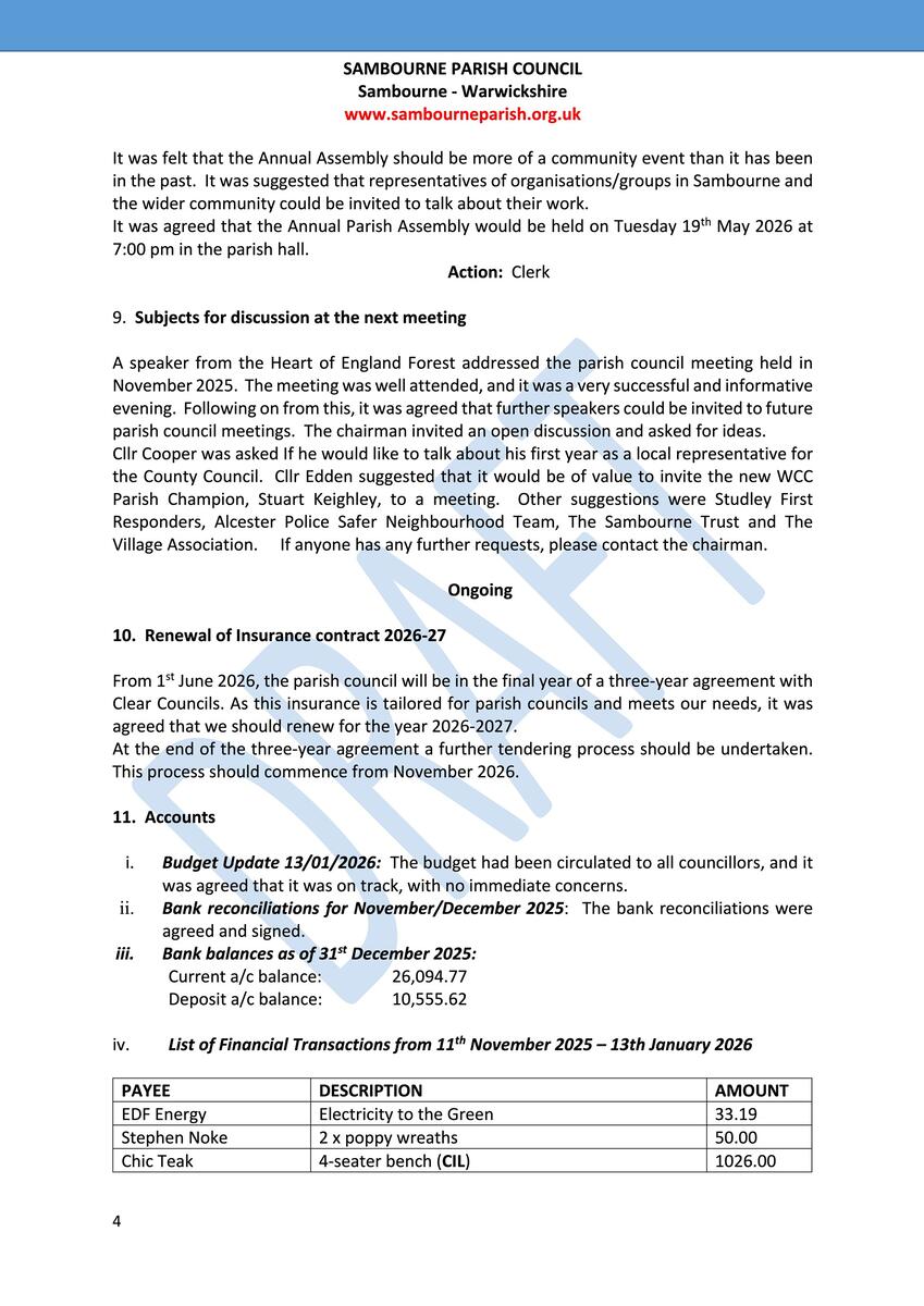 Sambourne Parish Council July 2025 to present